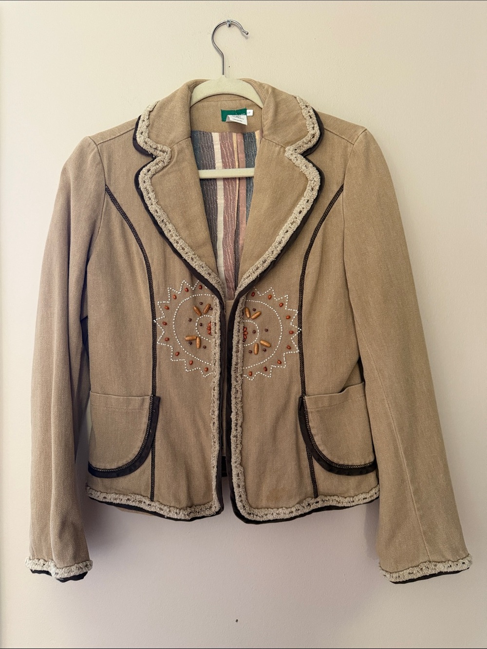 Embroidered Tan Women's Blazer with Shearling Trim